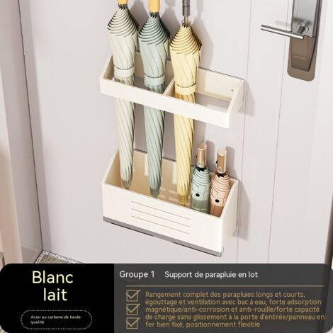 Porte-parapluie magnétique avec bac égouttoir, sans perçage, compatible avec les parapluies à long manche et pliants, en acier au carbone antirouille - blanc