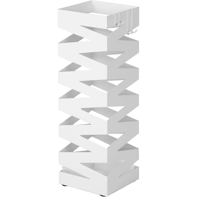 Porte parapluies en Métal, Carré, Support pour Parapluies, avec Un Plateau et Crochets, 49 x 15,5 x 15,5 cm, Blanc