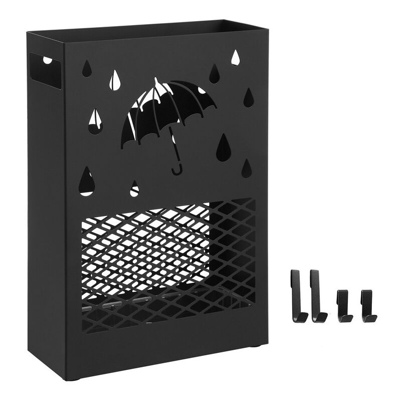Porte-parapluies en métal, Support à rectangulaire, avec réceptacle d'eau amovible, 4 crochets, motifs ajourés, pour entrée, bureau, Noir