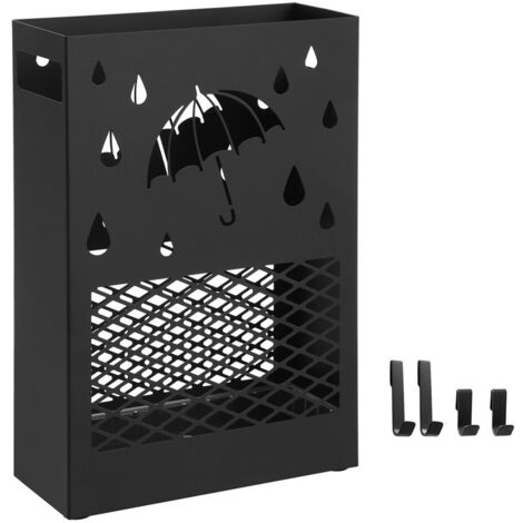 Porte-parapluies en métal, Support à rectangulaire, avec réceptacle d’eau amovible, 4 crochets, motifs ajourés, pour entrée, bureau, Noir