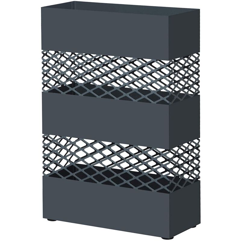 Porte-parapluies métallique support pour parapluies 28 x 12 x 41 cm rectangulaire avec réceptacle d'eau 4 crochets motifs ajourés gris anthracite