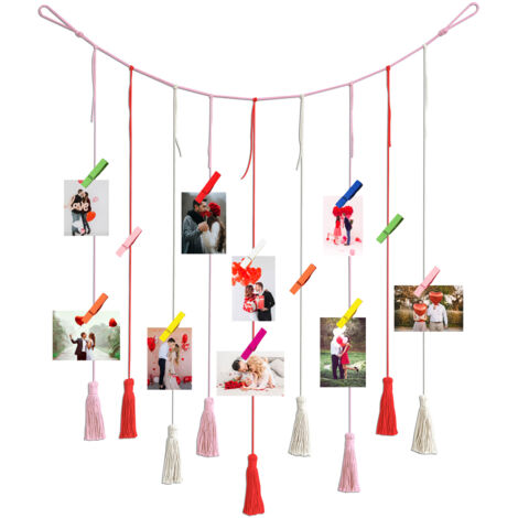 Porte-photos mural avec macramé et perles bois en beige