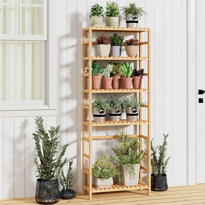 Porte Plante Interieur Bamboo - Étagère Plante à 6 Niveaux Support Pot de Fleurs avec Étagères de Haute Réglable Nature Design Étagère à Fleurs