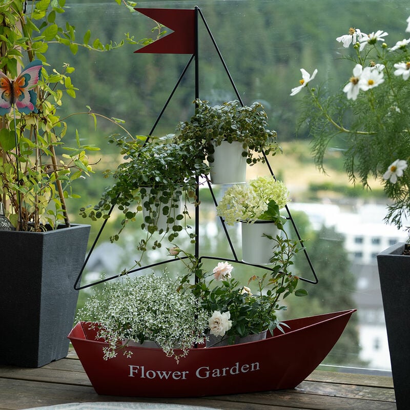 HI - Porte-plante Porte-pot de fleurs 3 conteneurs Flower Garden Retro voilier rouge blanc, pot de fleurs décoration de jardin, métal, LxlxH 66x28x88