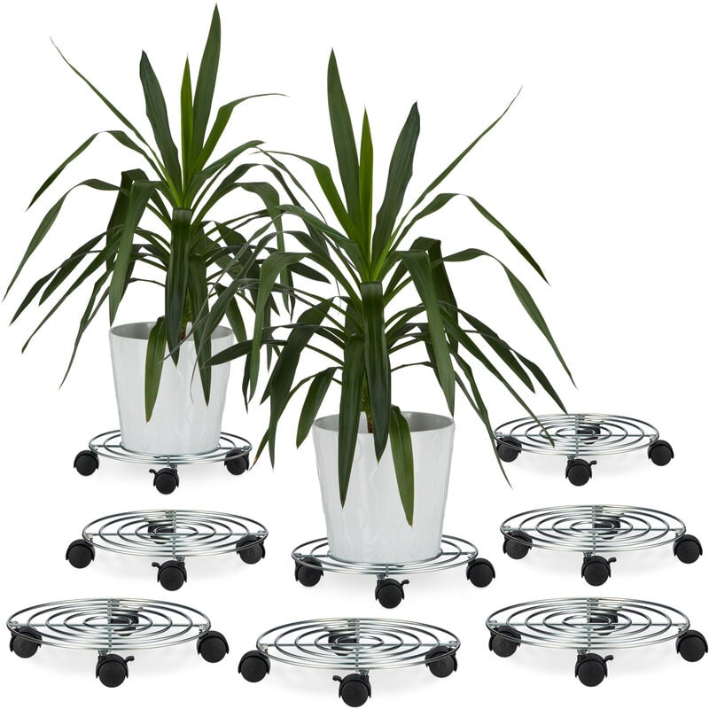 Porte plantes à roulettes, lot de 8, avec freins, support pot de fleurs rond, métal, HxLxP : 6 x 32 x 32 cm, argenté