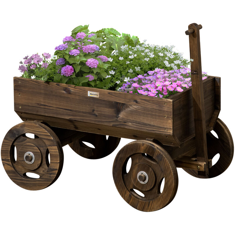 Porte-plantes charrette - jardinière design chariot - dim. 120L x 53l x 55H cm - bois sapin traité carbonisation - Marron