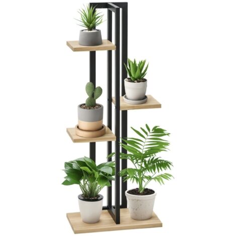 Porte plantes et étagère à plantes 4 niveaux réglable-Intérieur et extérieur-Bois noir et naturel-58 x 60 x 110 (cm)
