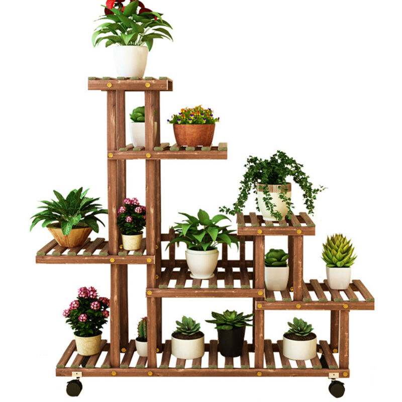 Porte plantes et étagère à plantes - Étagère à Fleurs en Bois Supports de Pots à roulettes Porte Plante 5 Tablettes Escalier Présentoire de Jardin