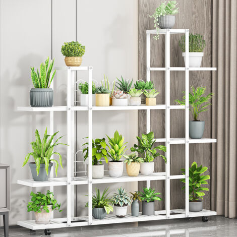 Porte Plantes Fer Forgé  sur roues 120x26x114cm Étagère Plante Fleur Extérieur Intérieur Escalier Fleurs pour Maison Balcon Terrasse Jardin,blanc