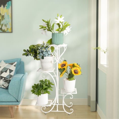 Porte Plantes Intérieur Extérieur - Étagère Echelle Fer Forgé  - 50 x 87cm Porte Pot de Fleurs Blanc pour Jardin Balcon Terrasse