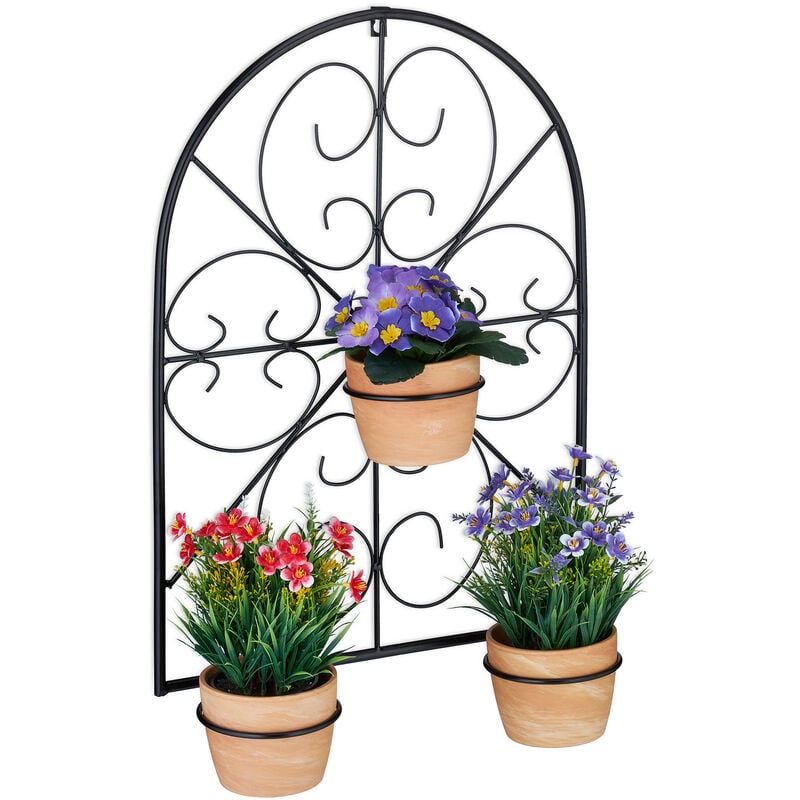 Relaxdays - Porte-plantes mural, pour 3 pots de fleurs avec diamètre 11,5 cm, en métal (fer), design rétro, noir