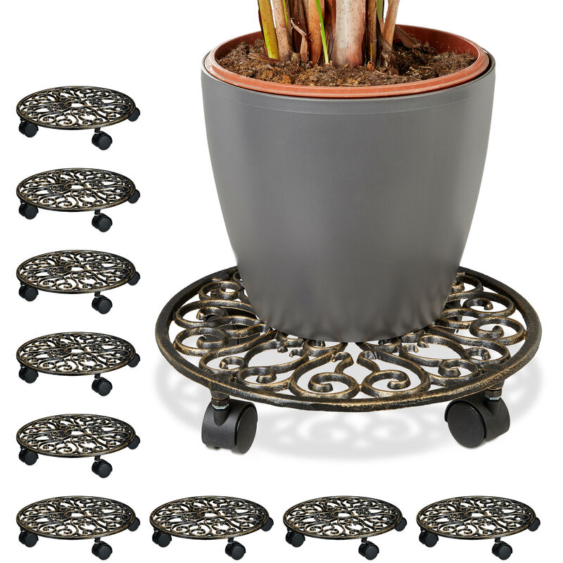 Porte-plantes à roulettes, lot de 10, fonte, support pot de fleurs, 4 roues, D: 33,5 cm, rond, design antiquités, bronze