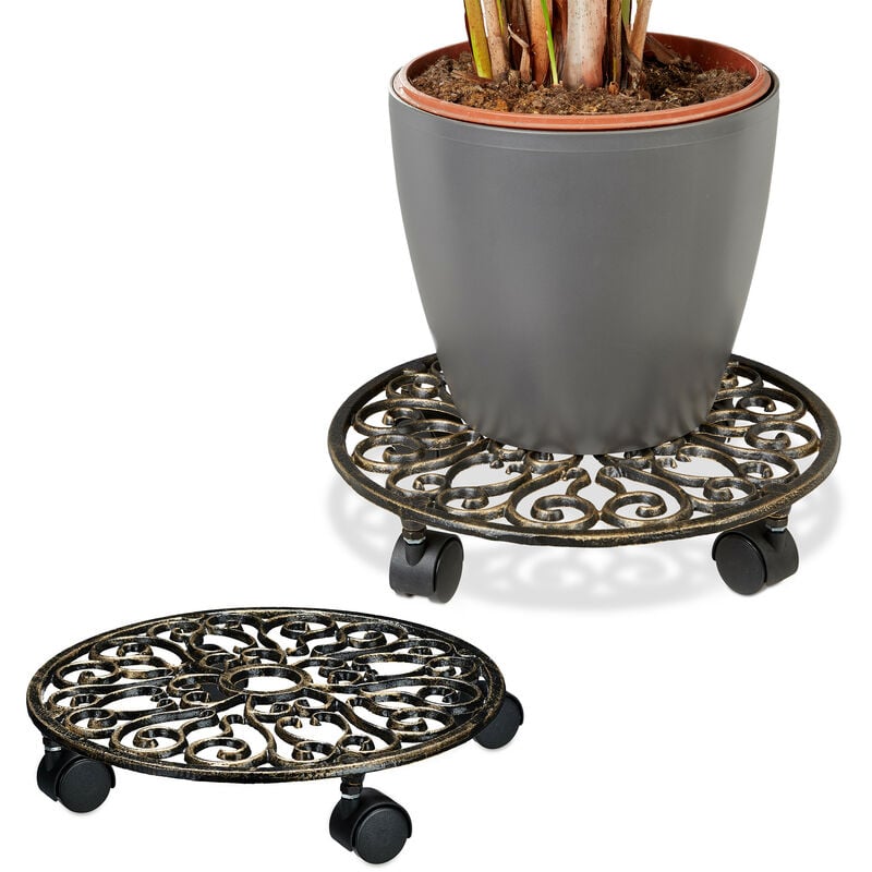 Porte-plantes à roulettes, lot de 2, fonte, support pot de fleurs, 4 roues, d: 33,5 cm, rond, design antiquités, bronze