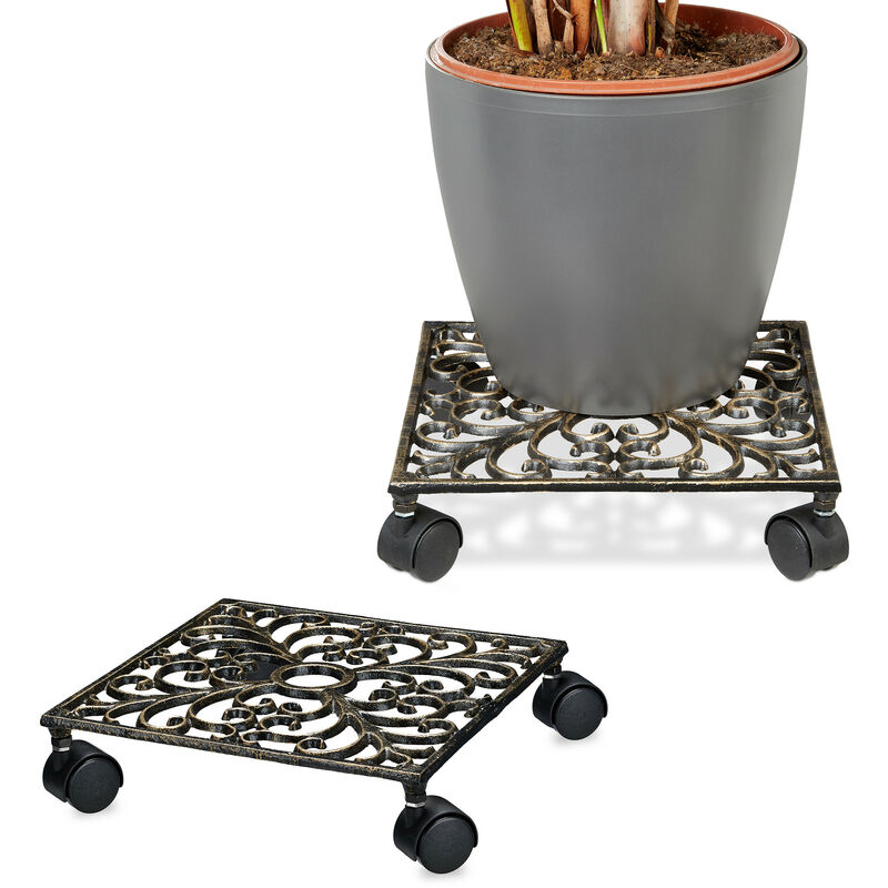 Relaxdays - Porte-plantes à roulettes, lot de 2, support pot de fleurs, 4 roues, d: 33,5 cm, carré, design antiquités, bronze