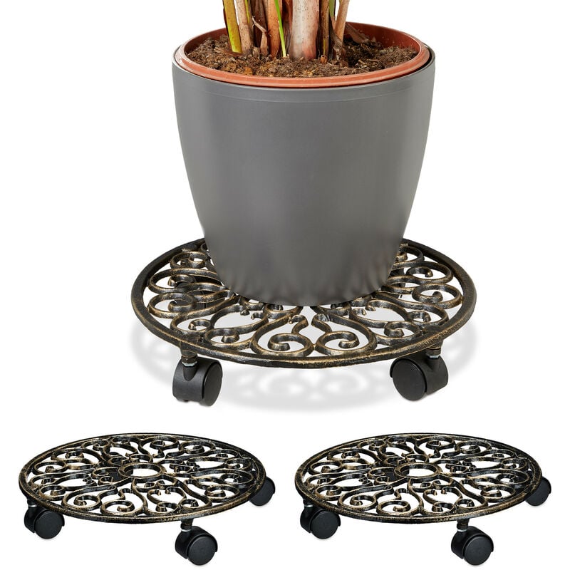 Porte-plantes à roulettes, lot de 3, fonte, support pot de fleurs, 4 roues, d: 33,5 cm, rond, design antiquités, bronze