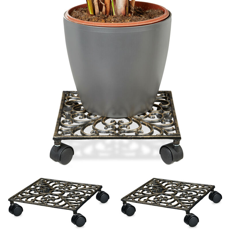 Porte-plantes à roulettes, lot de 3, support pot de fleurs, 4 roues, d: 33,5 cm, carré, design antiquités, bronze