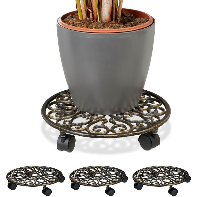 Porte-plantes à roulettes, lot de 4, fonte, support pot de fleurs, 4 roues, d: 33,5 cm, rond, design antiquités, bronze