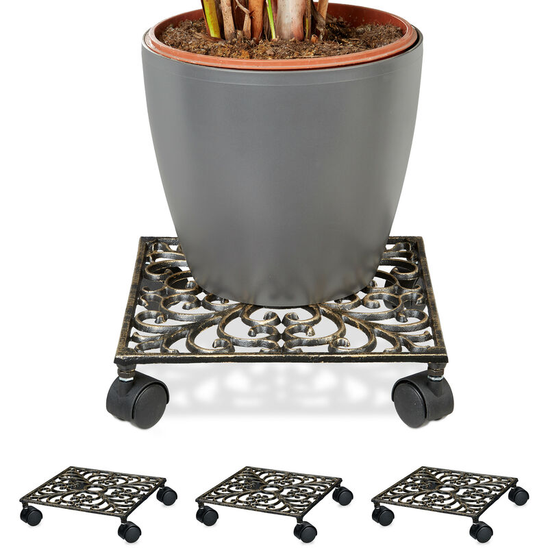 Porte-plantes à roulettes, lot de 4, support pot de fleurs, 4 roues, d: 33,5 cm, carré, design antiquités, bronze