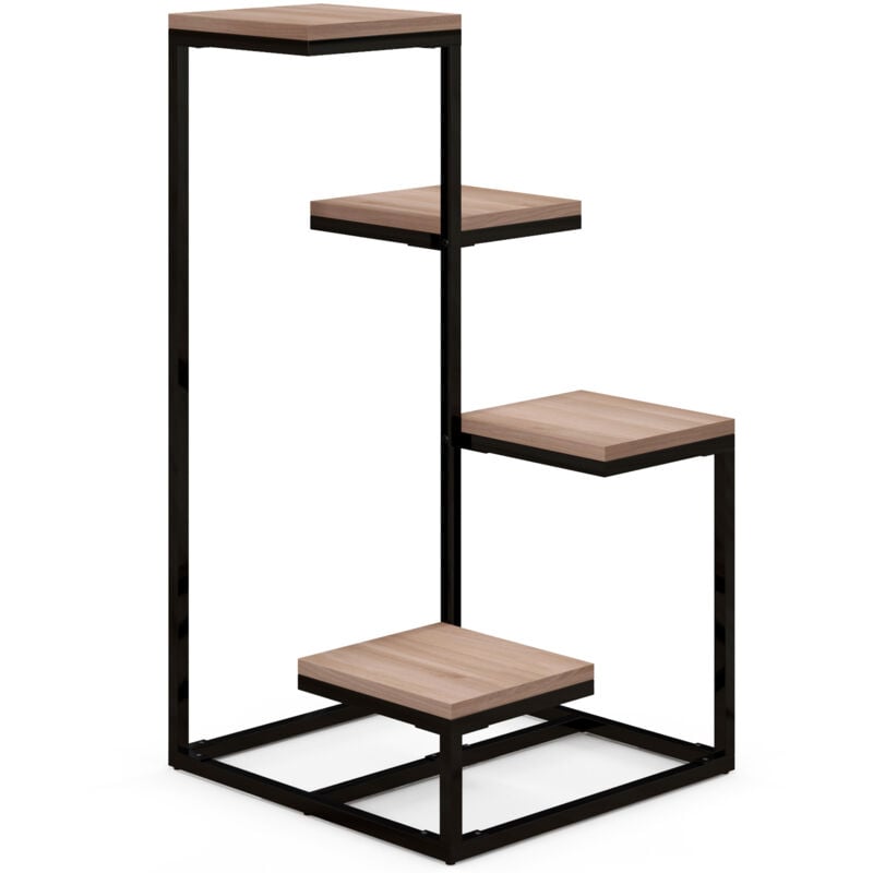 Porte-plantes style industriel 4 étagères acier noir bois sapin verni