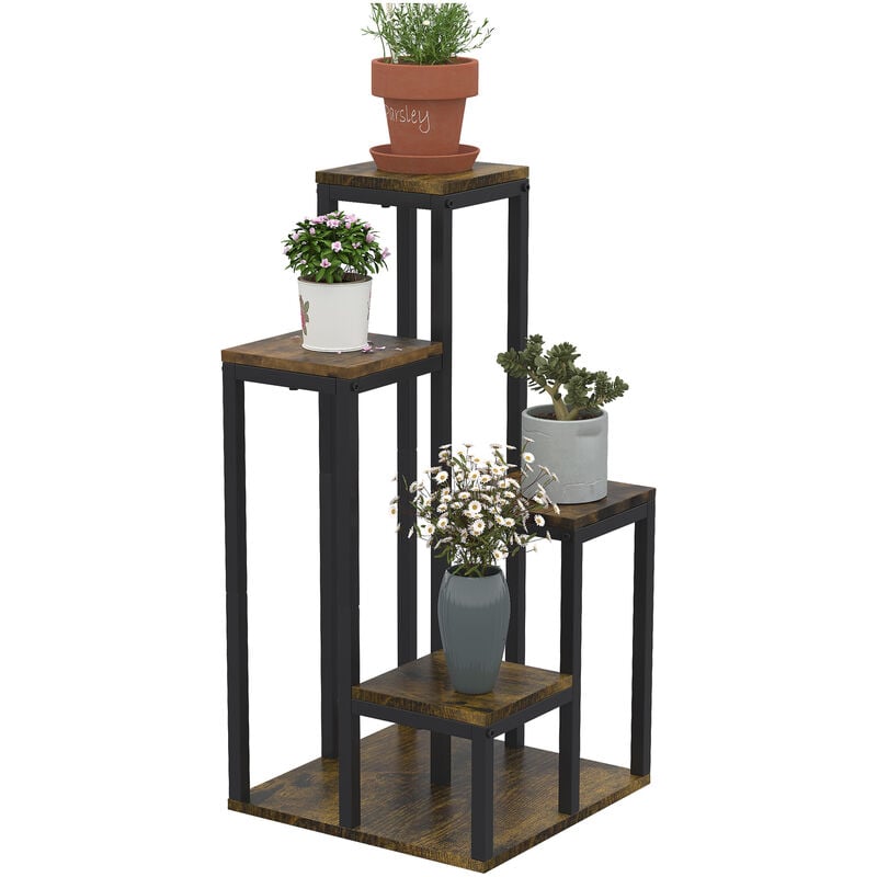 Support à fleurs style industriel 5 niveaux - porte plante 4 étagères - acier époxy noir aspect bois foncé