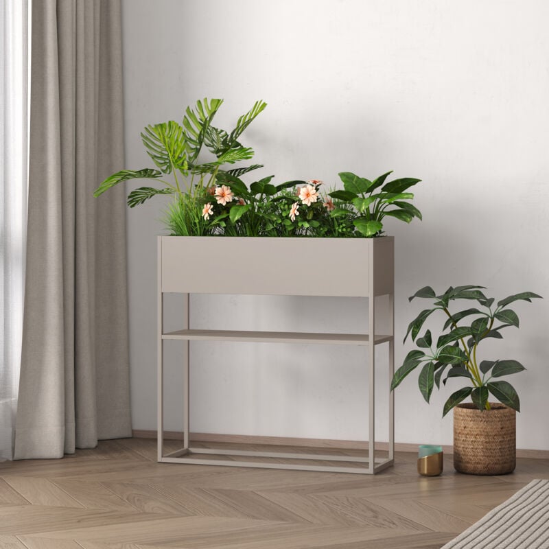 Porte-plantes surélevé Joensuu avec étagère 80 x 80 x 25 cm gris clair [en.casa]