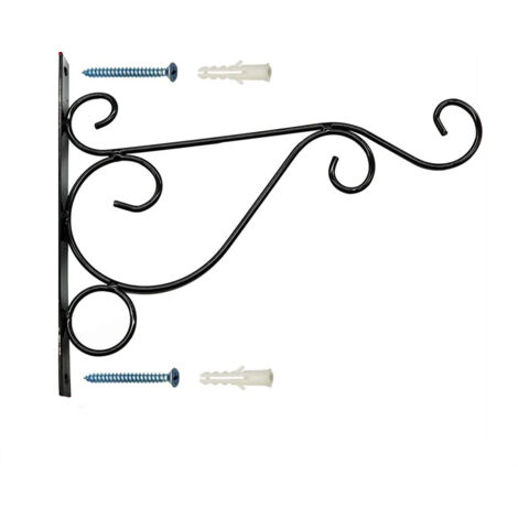 Porte-pot mural décoratif en fer forgé noir - Support de plante suspendue pour jardin, pot de fleur, mangeoire, girouette, lanternes - Lot de 2 pièces 24.5x20cm