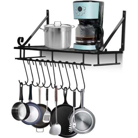 Porte-Pots et Poêles Murale Métal avec 10 Crochets Organisateur de Cuisine (45cm) Noir Fer