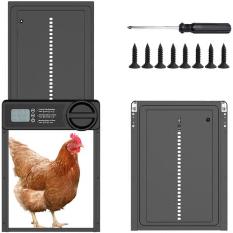 Porte Poulailler Automatique avec Écran LCD Programmable Étanche, Porte Automatique Poulailler en Alliage d'aluminium, Alimenté par Batterie, Commande de Minuterie, Fonction Anti-pincement