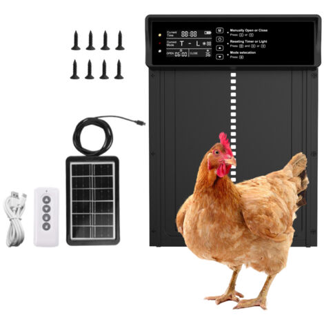 Porte Poulailler Automatique Solaire, Porte Automatique Poulailler Horizontal Porte en Aluminium avec Capteur de Lumière, Affichage LED, Minuterie, Télécommande, Deux méthodes de Chargement