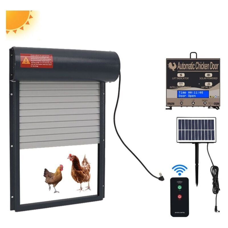Porte Poulailler Automatique Solaire, Porte Automatique Poulailler Solaire en Alliage d'aluminium, Capteur de Lumière, Minuterie, Télécommande,gris
