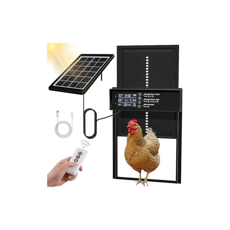 Largeight - Porte Poulailler Automatique Solaire, Porte Automatique Poulailler Solaire, Porte Poulailler avec Affichage led, Capteur de Lumière,