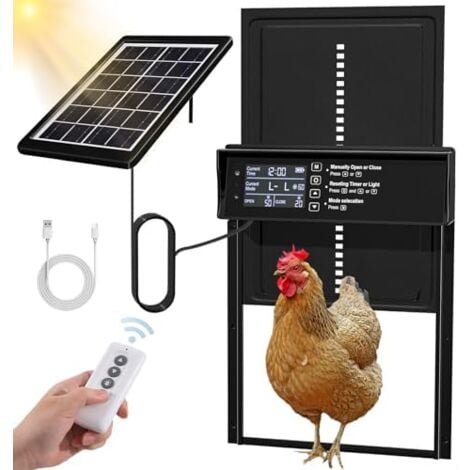Porte Poulailler Automatique Solaire, Porte Automatique Poulailler Solaire, Porte Poulailler avec Affichage LED, Capteur de Lumière, Telecommande, Commande de Minuterie
