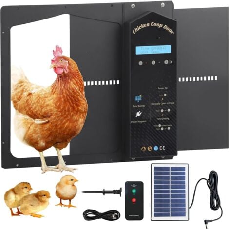 Porte Poulailler Automatique Solaire,avec Relevage Temporisé, Fonction Anti-Pincement,IP65 Porte de Poulailler Électrique Étanche à la Pluie et à l'eau,avec Télécommande,Écran LCD Porte (Noir)