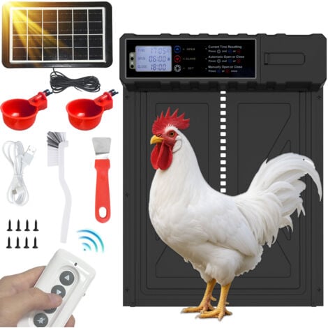 DEWINNER Porte Poulailler Automatique Solaire,Batterie avec Écran LCD Programmable Étanche,Porte Automatique Poulailler en Aluminium avec Minuterie,Porte Automatique Poulailler,Ouvre-Porte Vertical (Noir)