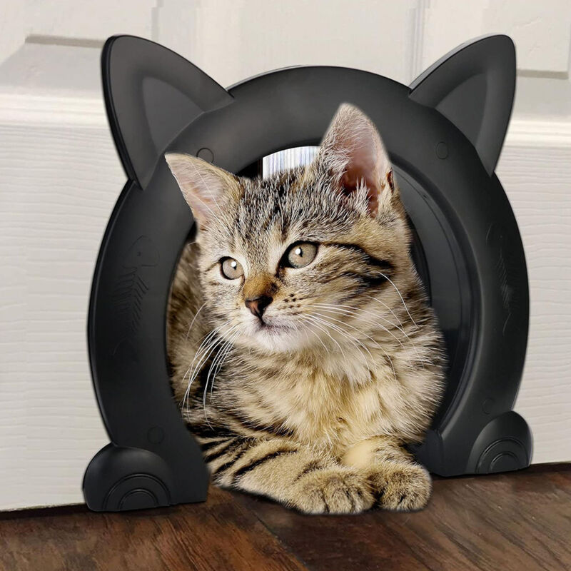 Porte pour Chat, Conception sans barrière intérieure en Forme de tête de Chat en Plastique Porte de Passage pour Chat avec Motif en arête de Poisson