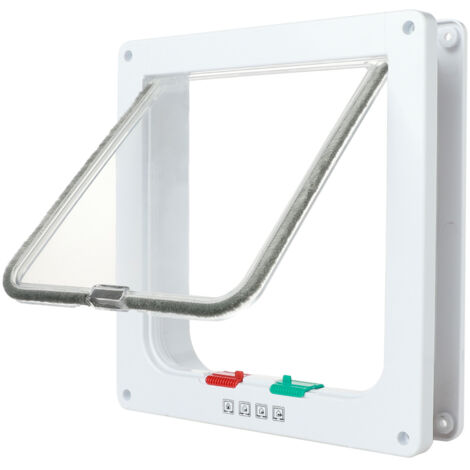 Porte pour chat, porte plate en plastique verrouillable à 4 voies pour porte extérieure de mur de fenêtre intérieure, blanc