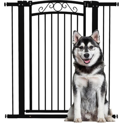 Porte pour chien avec largeur réglable de 76-104 cm, barrière de sécurité avec 2 rallonges et double serrure noire-Go