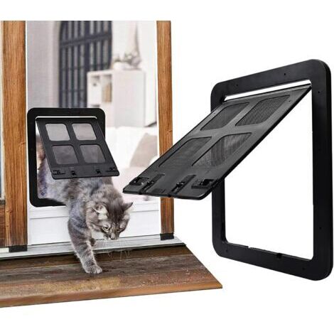 Porte pour chien et chat avec porte magnétique verrouillable, fermeture magnétique robuste pour portes coulissantes existantes, fenêtre (S (Dimensions internes : 9,1 po x 7,1 po), Noir)