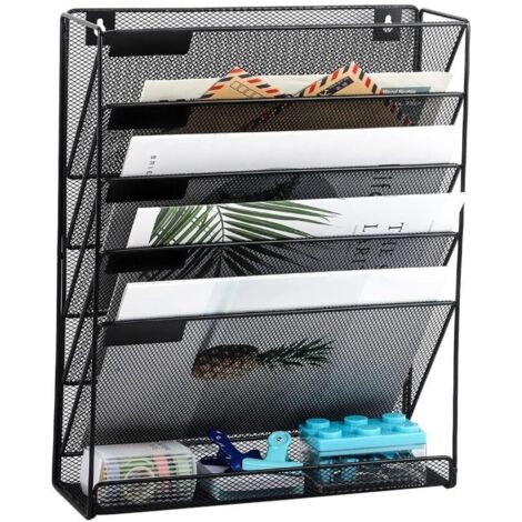 Porte-revues mural à 6 compartiments en métal - Porte-journaux - Organiseur de courrier - Porte-brochures - Grille métallique - Organiseur suspendu pour bureau et étagère