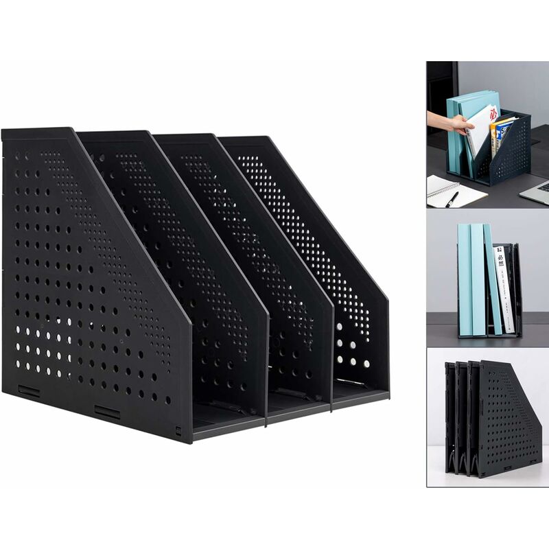 Porte-revues pliable/organisateur de bureau pour l'organisation et le rangement du bureau avec 3 compartiments verticaux, gris foncé