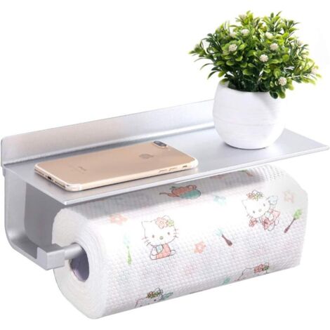 Porte-rouleau de cuisine avec étagère, auto-adhésif, gain de place, en aluminium, pour salle de bain et cuisine