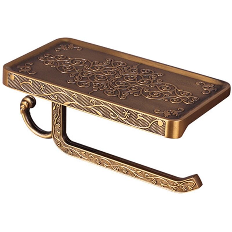 Qiyao - Porte-rouleau de papier noir avec étagère de rangement pour téléphone, porte-papier toilette en aluminium Vintage pour salle de bain doré