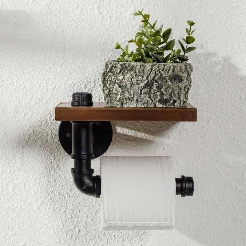 Porte Rouleau de Papier Rétro Industriel Papier Toilette Murale Bois avec Métal Tube Support Rustique