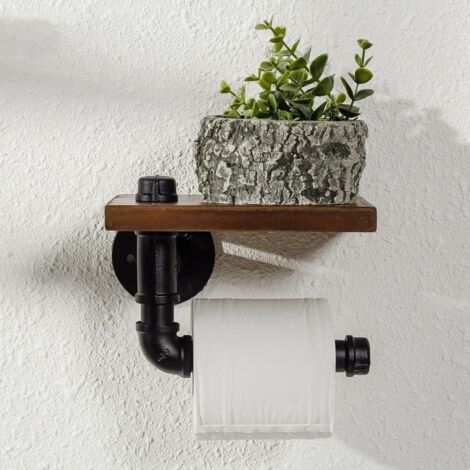 Porte Rouleau de Papier Rétro Industriel Papier Toilette Murale Bois avec Métal Tube Support Rustique
