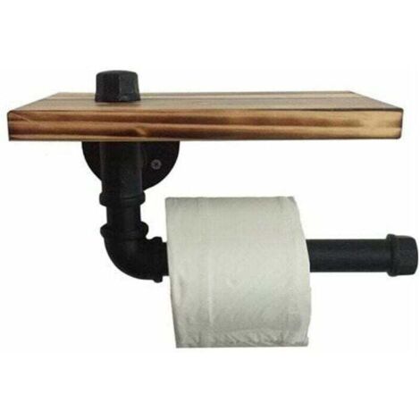 Porte-rouleau de papier toilette au design rétro, étagère en métal avec plateau en bois noir