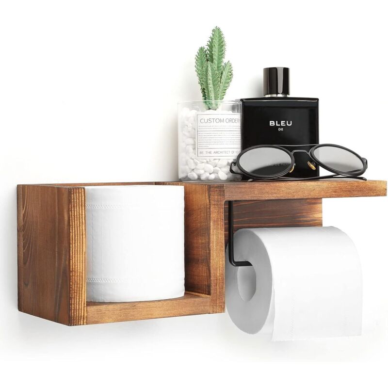 Porte-rouleau de papier toilette en bois à fixation murale avec étagère - Étagère de rangement pour rouleaux de papier toilette de style rustique