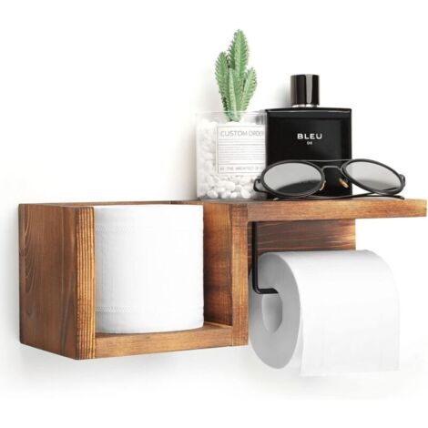 Porte-rouleau de papier toilette en bois à fixation murale avec étagère - Étagère de rangement pour rouleaux de papier toilette de style rustique pour salle de bain, couleur marron