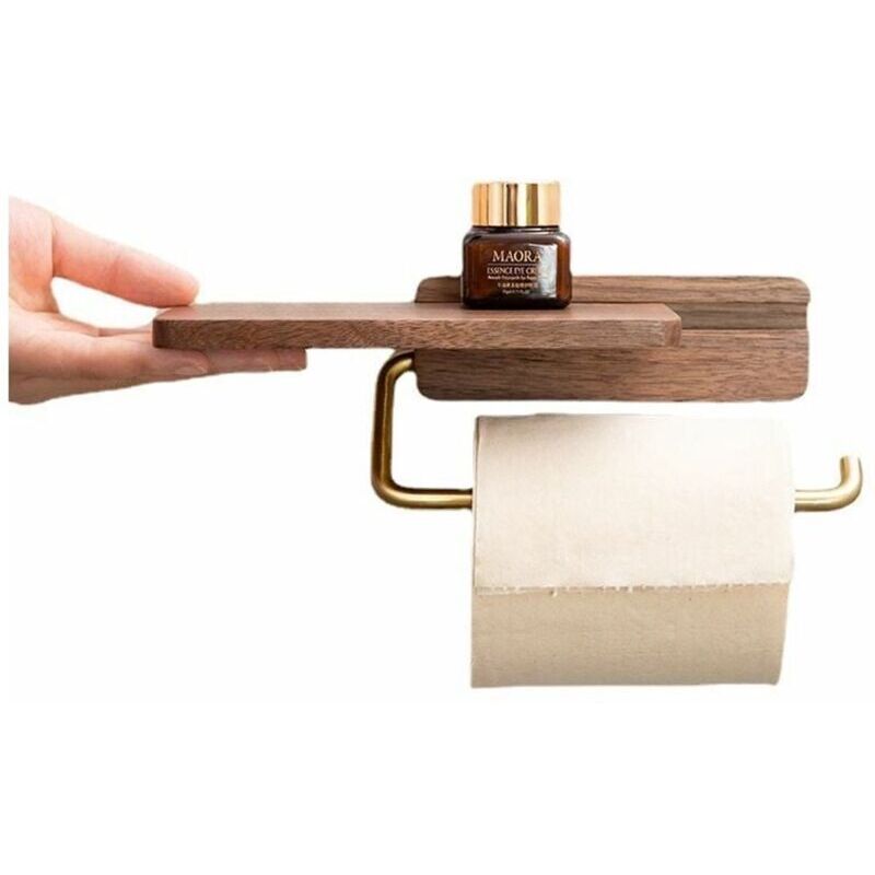 Porte-rouleau de papier toilette en bois avec étagère - Fixation murale - Perçage ou collage - Accessoires de salle de bain et de cuisine - Couleur