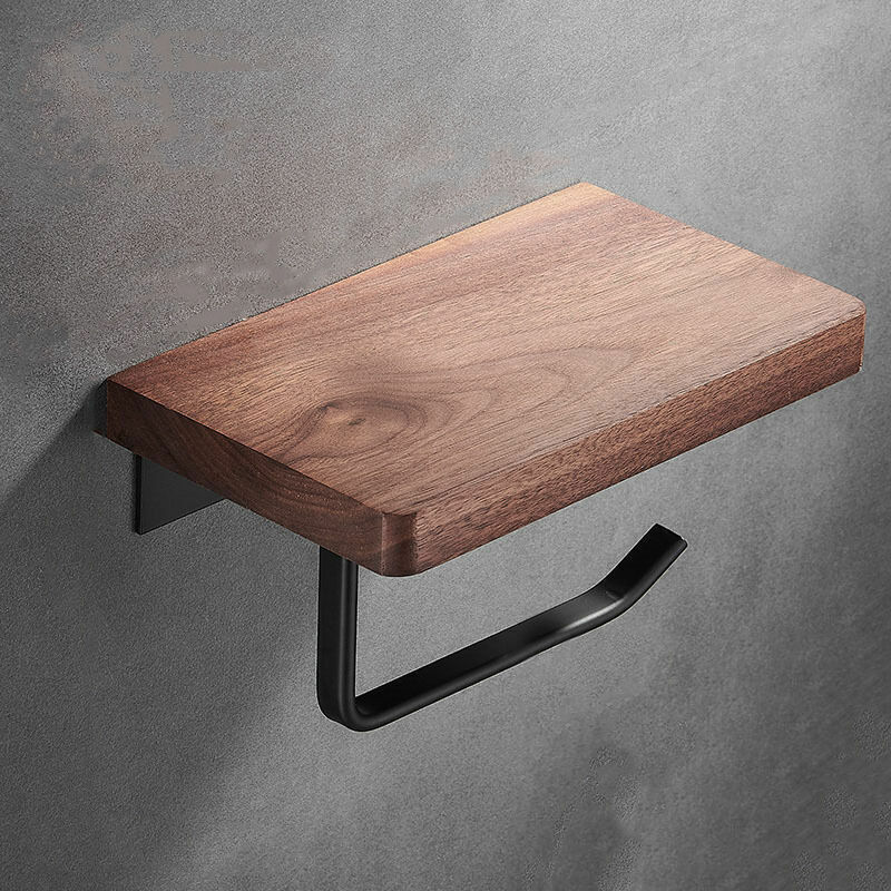 Porte-rouleau de papier toilette en bois massif avec étagère pour téléphone, porte-papier hygiénique à coller pour salle de bain, bois massif de