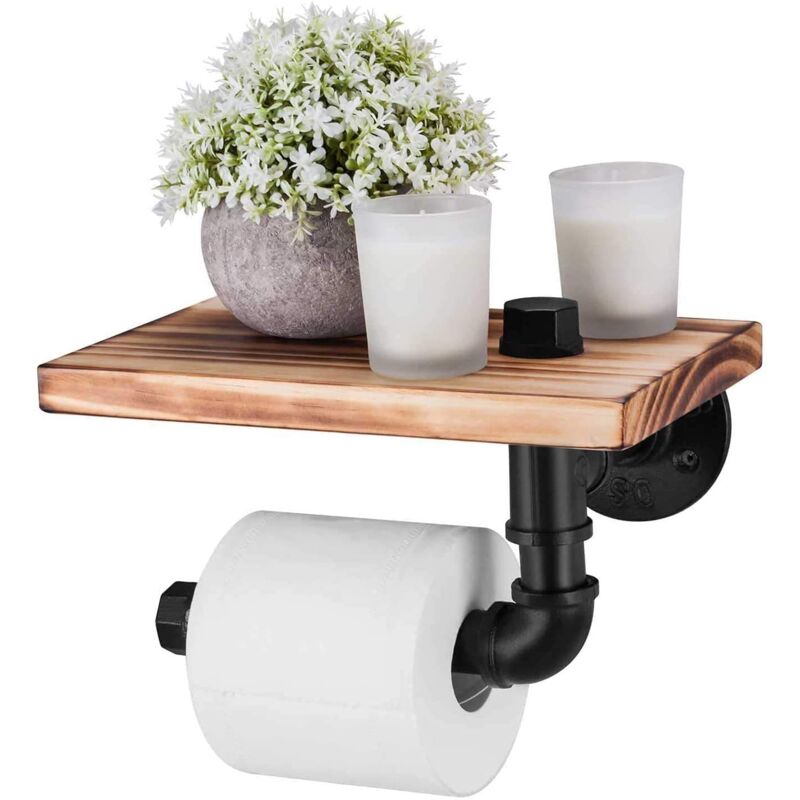 Porte Rouleau de Papier Toilette Hygiénique avec Etagère de Téléphone Portable Support Mural pour Salle de Bains Style Rétro Vintage (Noir)